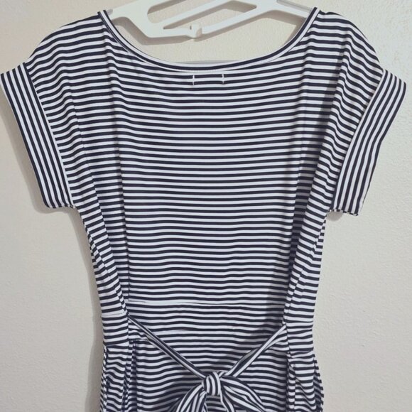 Miselon B/W Striped Mini Dress w/ Belt and Side Pockets Boat-Neck Size S Stretch - Picture 1 of 6